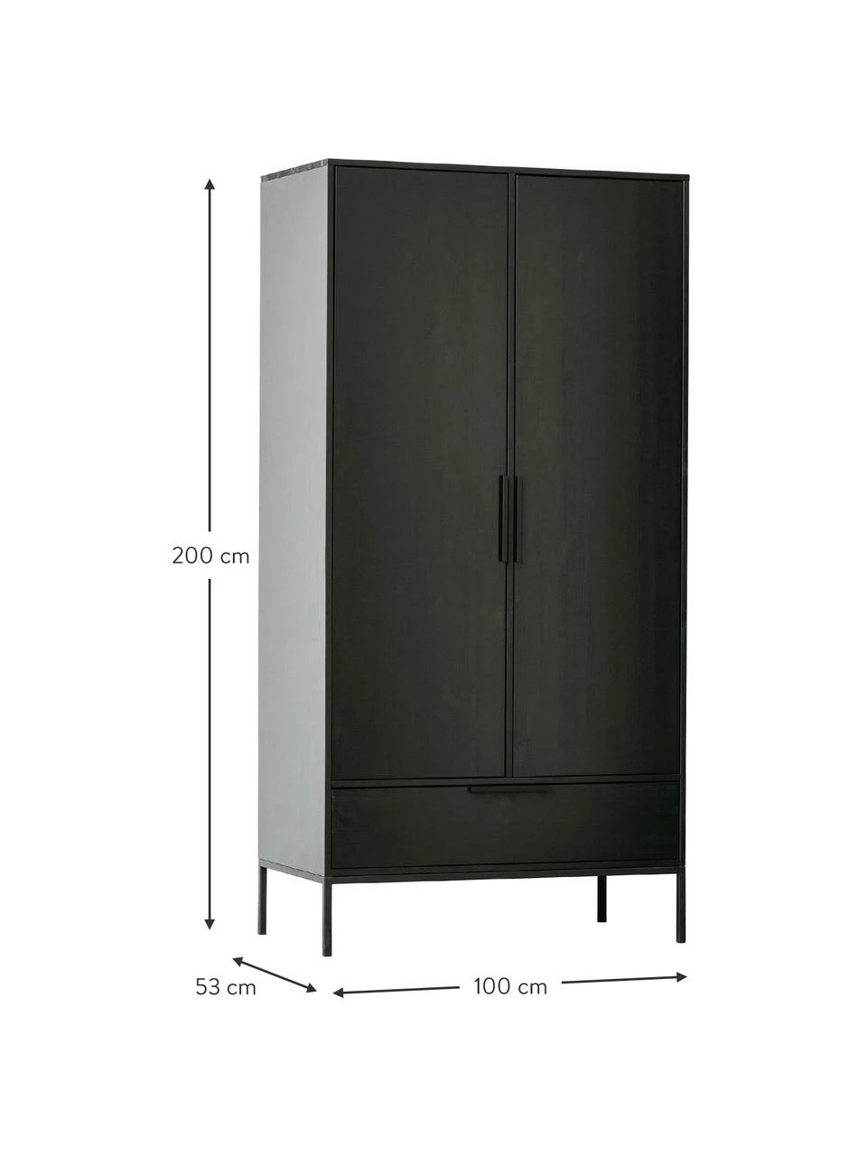 Armoire noire bois 2 portes Adam, larg. 100 x haut. 200 cm – Image 3