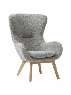 Westwing Collection Fauteuil à oreilles peluche gris pieds en bois Wing, larg. 77 x prof. 89 cm