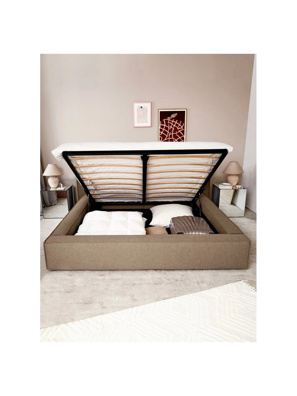 Westwing Collection Lit en tissu capitonné brun avec rangement Lennon, larg. 140 x long. 200 cm – Image 3
