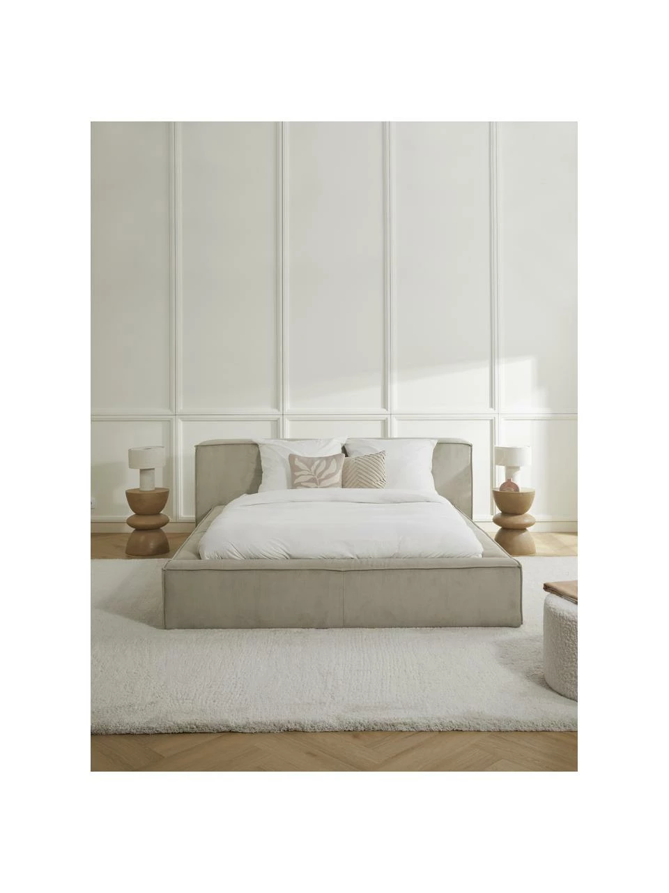 Westwing Collection Lit en velours côtelé capitonné beige Lennon, larg. 140 x long. 200 cm – Image 3
