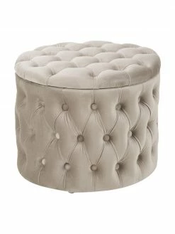 Westwing Collection Pouf coffre en velours beige Chiara, Ø 50 x haut. 42 cm